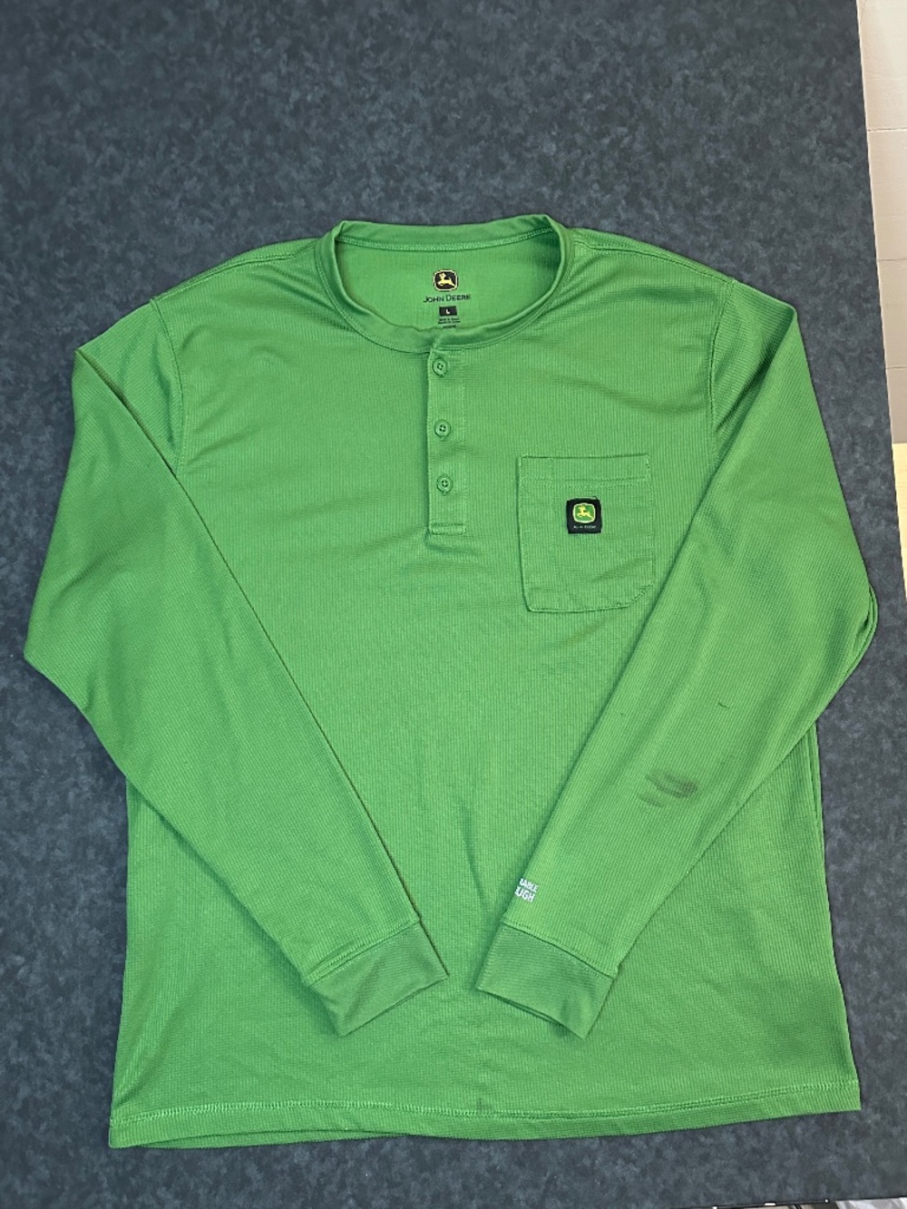 John Deere Green Long Sleeve Warmth Shield Thermal Henley Shirt Size Large